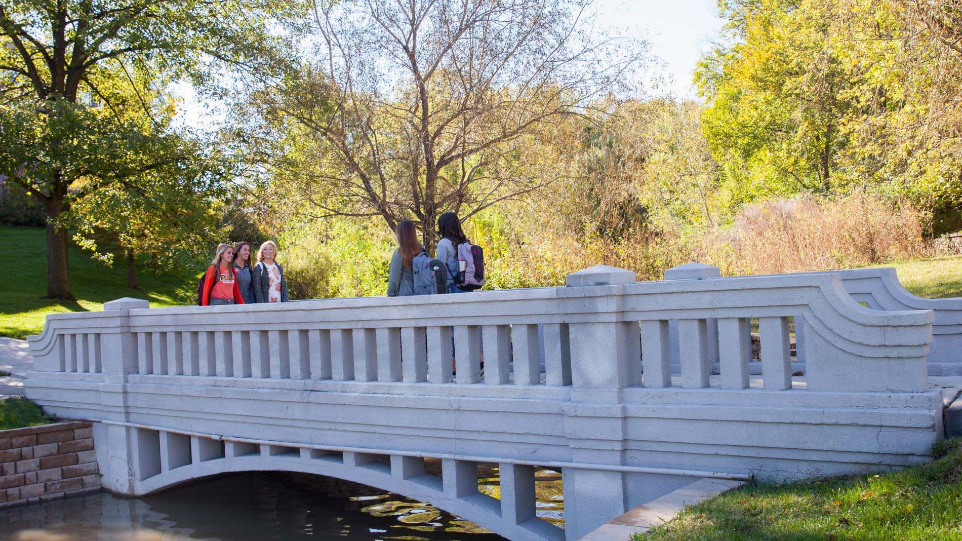 Students walking on a bridge